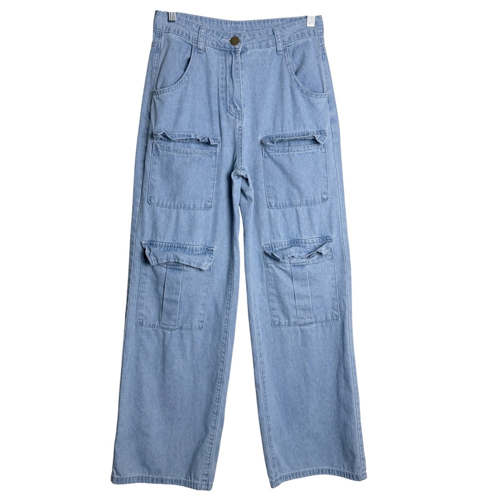 Women's Cargo Jeans Small Light Wash Blue Y2K Wide Leg Multi Pocket Utility